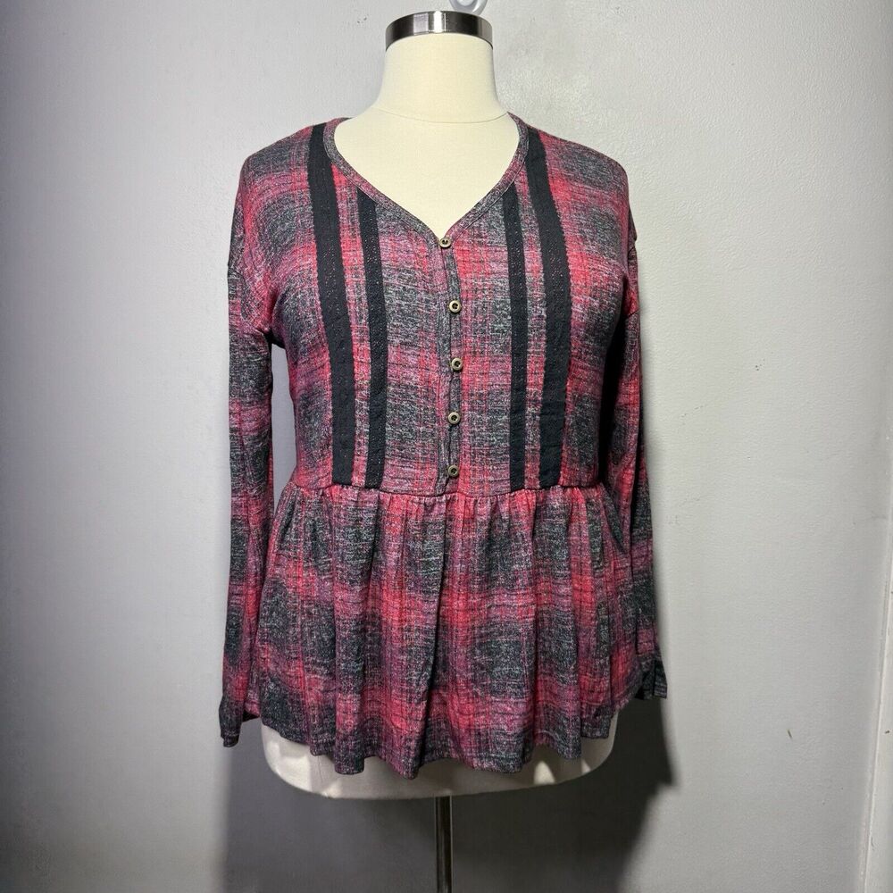 Maurices Plaid Button-Front Peplum Top Women’s Size XXL Red Black & Purple
